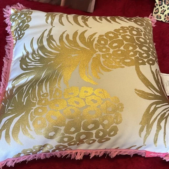 LILY PULITZER REVERSIBLE CUSHION OUTDOOR SQUARE PILLOW GREEN PINK GOLD WHITE - Picture 5 of 6